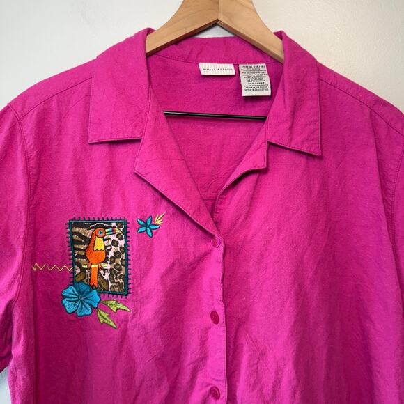 White Stag Vintage Parrot & Floral Embroidered Short Sleeve Button Top X-Large - Picture 2 of 5